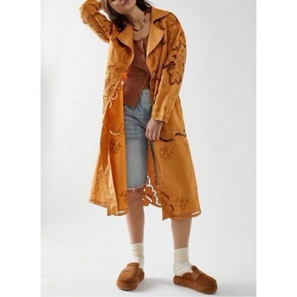 NWOT $228 Free People Susanna Embroidered Duster Yellow Linen Boho Western sz S - Picture 7 of 15